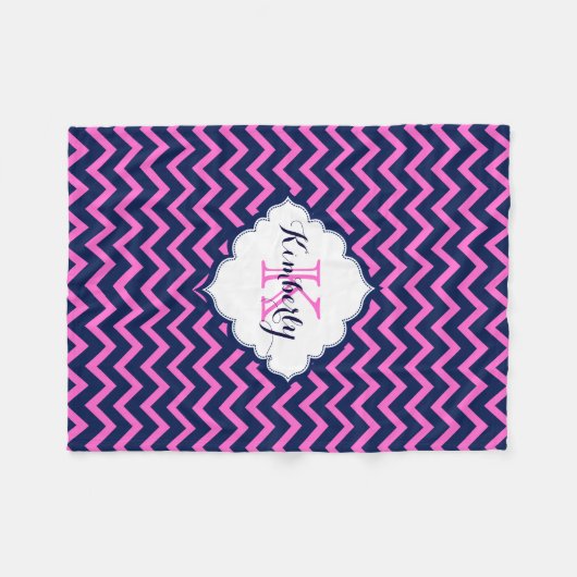 Monogrammierte Navy-Blue und Pink Zigzag Zickzack Fleecedecke (Vorderseite (Horizontal))