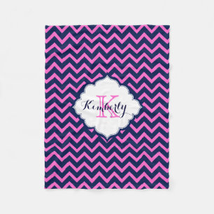 Monogrammierte Navy-Blue und Pink Zigzag Zickzack Fleecedecke