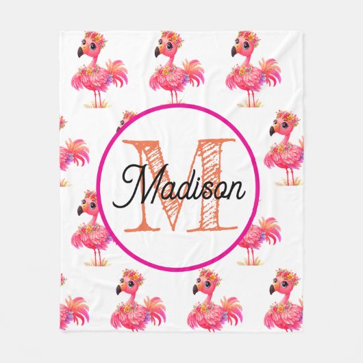 Monogrammierte personalisierte Flamingo-Fleece-Dec Fleecedecke (Vorderseite)