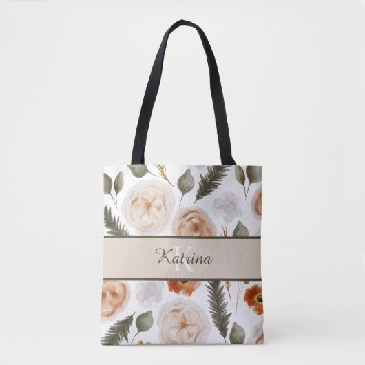 Monogrammierte Pfirsich-Wasserfarben-Blumentasche Tasche (Vorderseite)