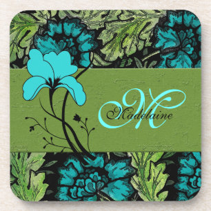 Monogrammierte Retro-Blumenmuster Grün und Türkisb Untersetzer