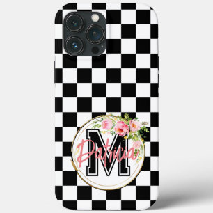 Monogrammierte rosa Blume schwarz-weiß kariert Case-Mate iPhone Hülle