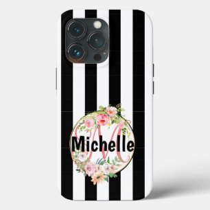 Monogrammierte rosa Blumen schwarz-weiße Streifen Case-Mate iPhone Hülle