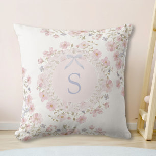 Monogrammierte rosa Blumen und Spitzen-Blumenmuste Kissen