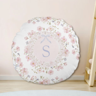 Monogrammierte rosa Blumen und Spitzen-Blumenmuste Rundes Kissen