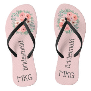 Monogrammierte rosa Blumenbrautjungfer Badesandalen