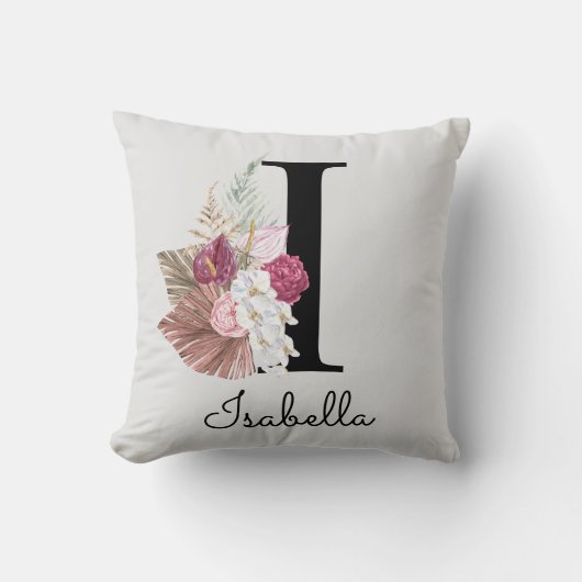 Monogrammierte rosa Boho-Blumeninitiale I Kissen (Vorderseite)
