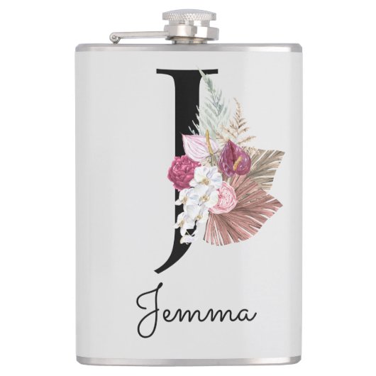 Monogrammierte rosa Boho-Blumeninitiale J Flachmann (Vorderseite)