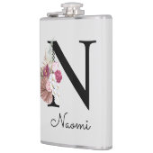 Monogrammierte rosa Boho-Blumeninitiale N Flachmann (Links)