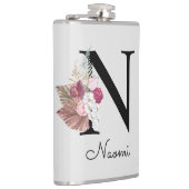 Monogrammierte rosa Boho-Blumeninitiale N Flachmann (Rechts)