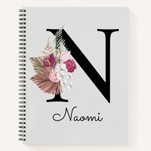 Monogrammierte rosa Boho-Blumeninitiale N Notizblock (Vorderseite)