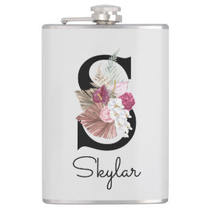 Monogrammierte rosa Boho-Blumeninitiale S Flachmann