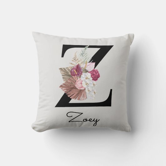 Monogrammierte rosa Boho-Blumeninitiale Z Kissen (Vorderseite)