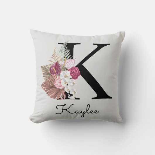 Monogrammierte rosa florale Initiale K Kissen (Vorderseite)