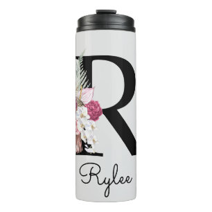 Monogrammierte rosa florale Initiale R Thermosbecher