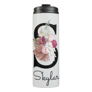 Monogrammierte rosa florale Initiale S Thermosbecher