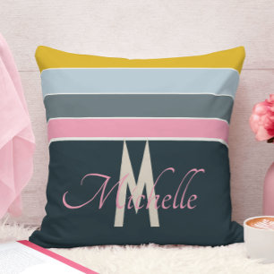 Monogrammierte rosa & marineblaue teal gestreifte kissen