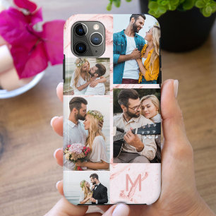 Monogrammierte rosa Marmor 5-Foto-Collage Case-Mate iPhone Hülle