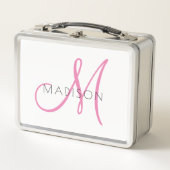 Monogrammierte rosa Schrift Mädchen Metall Brotdose (Vorderseite)
