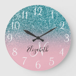 Monogrammierte rosa und türkisfarbene Glitter-Ombr Große Wanduhr