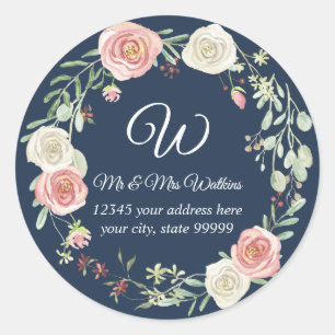 Monogrammierte Rücksendeadresse Navy Blush Rose Fl Runder Aufkleber
