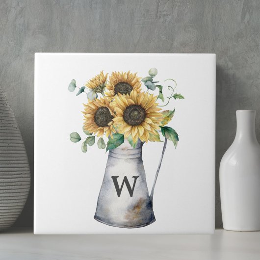 Monogrammierte rustikale Herbst-Sonnenblumen-Vase Fliese