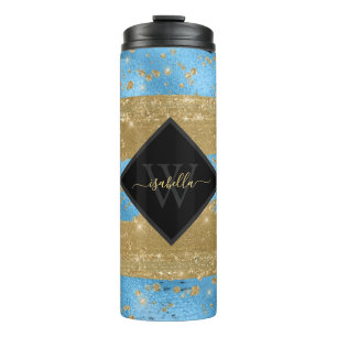 Monogrammierte Schrift Blau Gold Thermosbecher