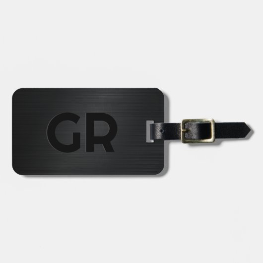 Monogrammierte schwarz gebürstete Metallic Textur Gepäckanhänger (Vorderseite horizontal)