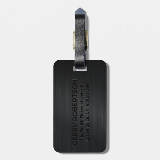 Monogrammierte schwarz gebürstete Metallic Textur Gepäckanhänger (Rückseite vertikal)
