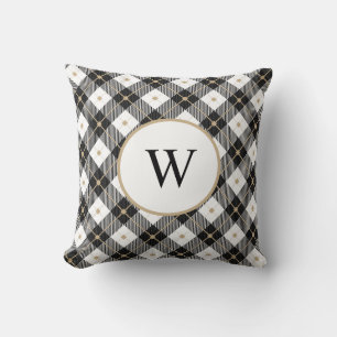 Monogrammierte schwarz-weiß-gold karierte Wurfkiss Kissen
