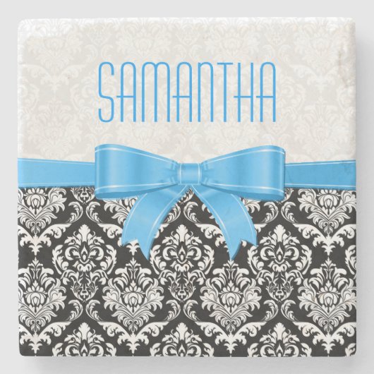 Monogrammierte schwarz-weiße Damaskas Blue Ribbon Steinuntersetzer (Vorderseite)