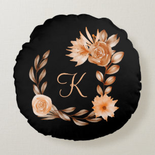 Monogrammierte schwarze braune und pfirsichfarbene rundes kissen