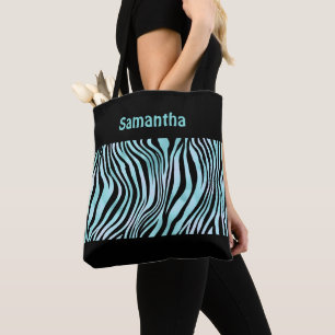 Monogrammierte schwarze Türkis Teal Zebradruck-Tas Tasche