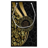 Monogrammierte schwarze und goldene Damasken Dynam Kleine Geschenktüte (Rückseite)