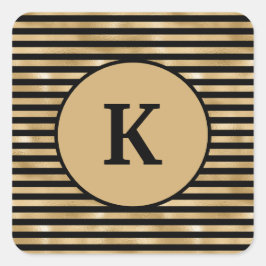 Monogrammierte schwarze und goldene gestreifte sch quadratischer aufkleber