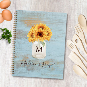 Monogrammierte Sonnenblume Mason Jar Blau Holz Rez Notizblock
