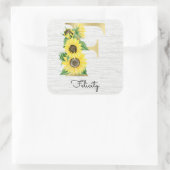 Monogrammierte Sonnenblumen-Blumeninitiale F Quadratischer Aufkleber (Tasche)