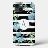 Monogrammierte Streifen Blau-Blüte Case-Mate iPhone Hülle (Rückseite)