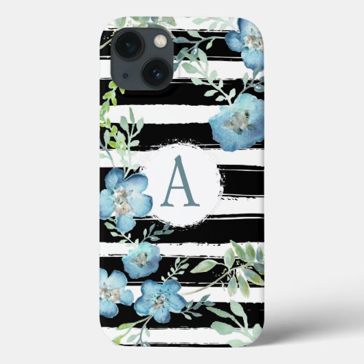 Monogrammierte Streifen Blau-Blüte Case-Mate iPhone Hülle (Rückseite)