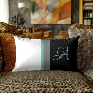 Monogrammierte Teal-Grau-Schwarz-Gestreift Lendenkissen