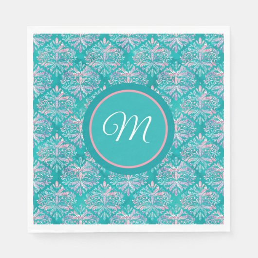 Monogrammierte Teal-Muster Servietten (Vorderseite)