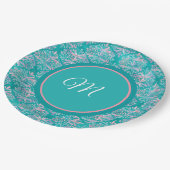 Monogrammierte Teal-Muster Servietten Pappteller (Schrägansicht)
