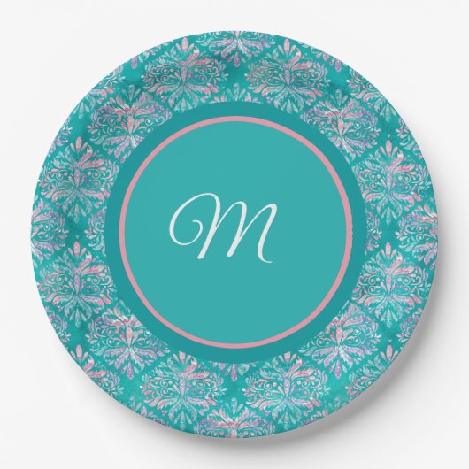 Monogrammierte Teal-Muster Servietten Pappteller (Vorderseite)