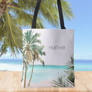 Monogrammierte tropische Palmbaumblätter Blaue Str Tasche