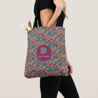 Monogrammierte Vintage-Blumen-Hahnentritt-Karo Tasche