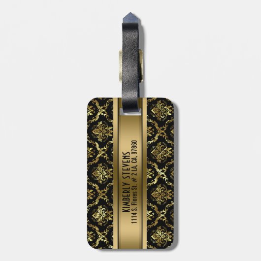 Monogrammierte, Vintage Blütendamasken aus Schwarz Gepäckanhänger (Rückseite vertikal)