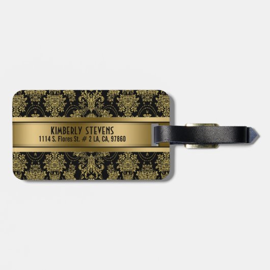 Monogrammierte Vintage Blütendamasken aus Schwarz Gepäckanhänger (Rückseite horizontal)