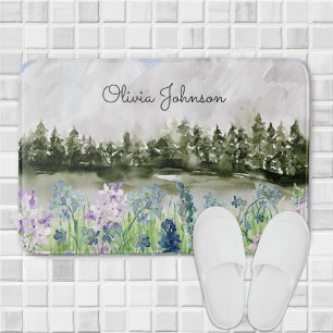 Monogrammierte Wasserfarbe Blau Lila Blumenwiese Badematte