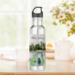 Monogrammierte Wasserfarbe Blau Lila Blumenwiese Edelstahlflasche