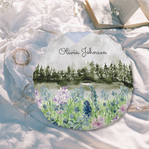 Monogrammierte Wasserfarbe Blau Lila Blumenwiese Rundes Kissen